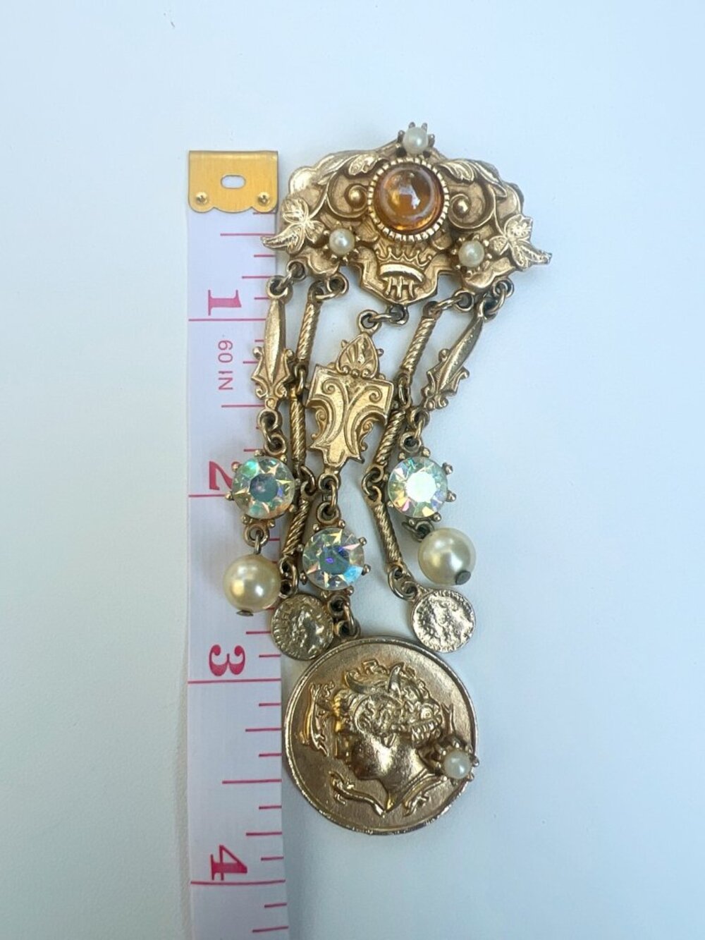 Vintage Gold Tone Brooch With Faux Pearls Rhinestones & Coin Motif Victorian Sty - Picture 9 of 9